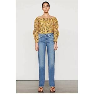 FRAME Off-The-Shoulder Billow Top XS | Yellow Black Python Print Blouse